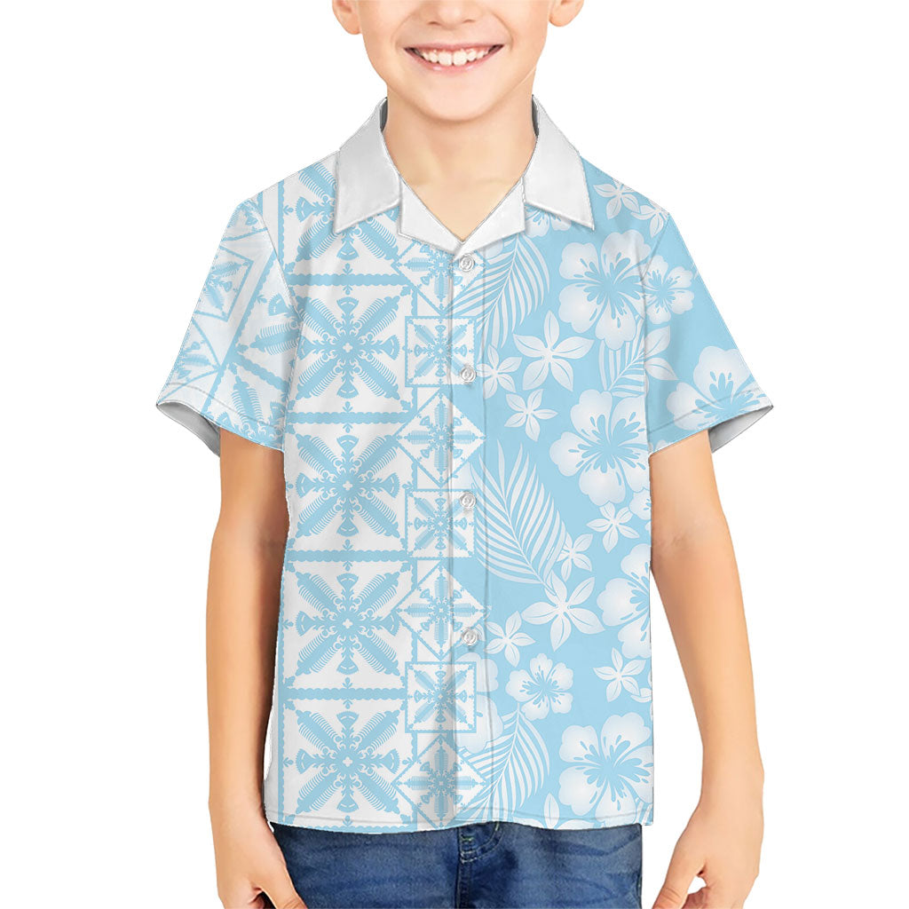 Pastel Blue Kahili Quilt Hawaii Family Matching Off The Shoulder Long Sleeve Dress and Hawaiian Shirt Tropical Flower Seamless Half Style LT14 Son's Shirt Blue - Polynesian Pride