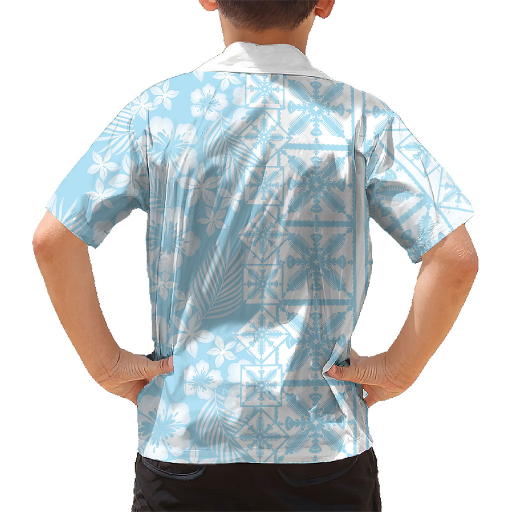 Pastel Blue Kahili Quilt Hawaii Family Matching Off Shoulder Short Dress and Hawaiian Shirt Tropical Flower Seamless Half Style LT14 - Polynesian Pride