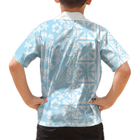 Pastel Blue Kahili Quilt Hawaii Family Matching Off Shoulder Short Dress and Hawaiian Shirt Tropical Flower Seamless Half Style LT14 - Polynesian Pride
