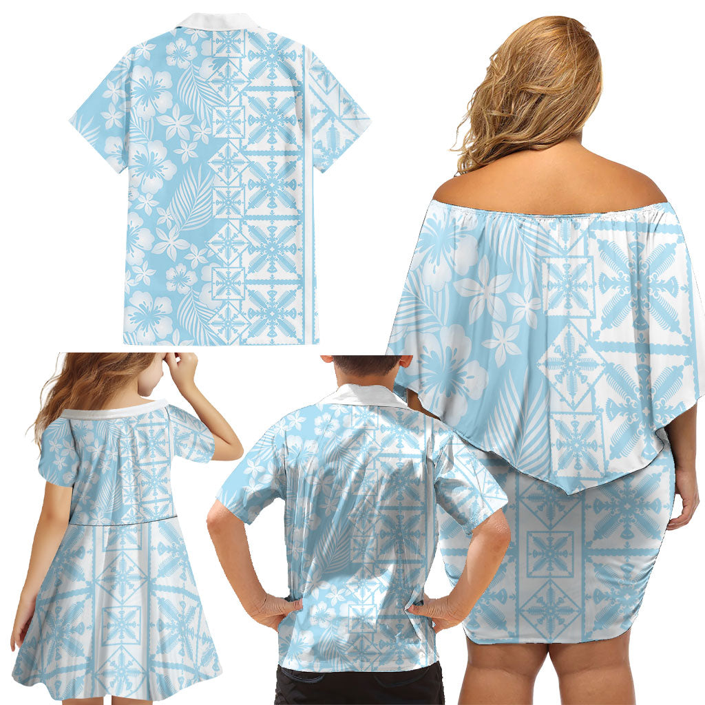 Pastel Blue Kahili Quilt Hawaii Family Matching Off Shoulder Short Dress and Hawaiian Shirt Tropical Flower Seamless Half Style LT14 - Polynesian Pride