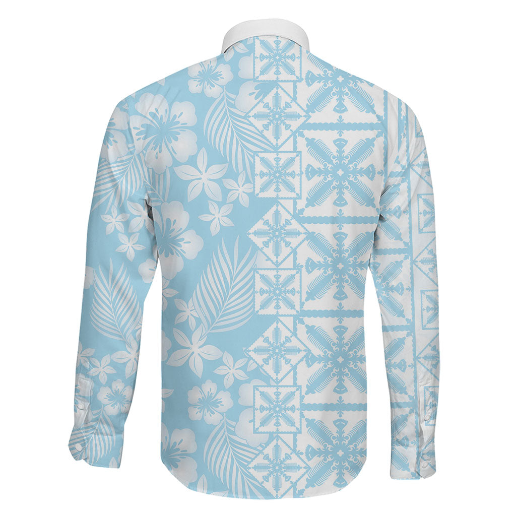 Pastel Blue Kahili Quilt Hawaii Family Matching Off Shoulder Short Dress and Hawaiian Shirt Tropical Flower Seamless Half Style LT14 - Polynesian Pride