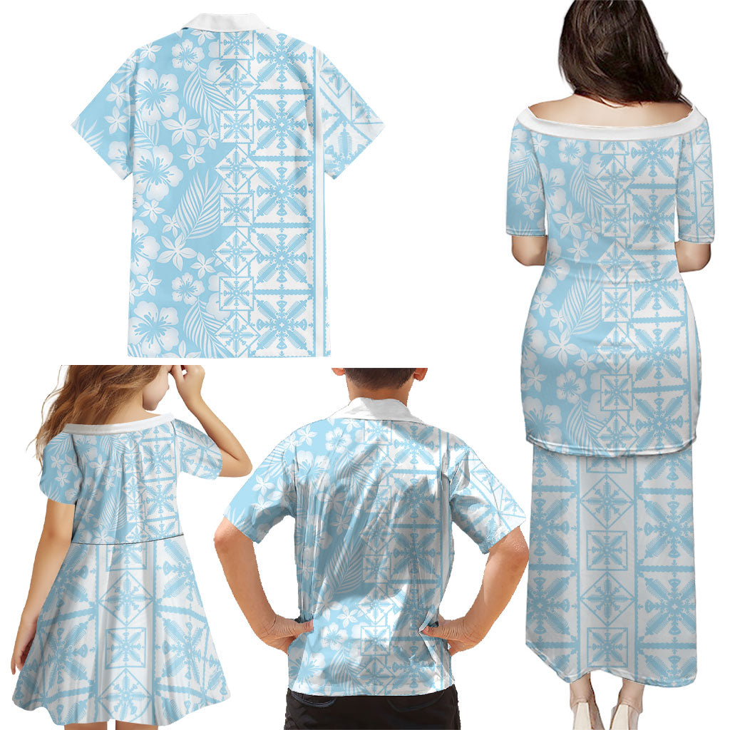 Pastel Blue Kahili Quilt Hawaii Family Matching Puletasi and Hawaiian Shirt Tropical Flower Seamless Half Style