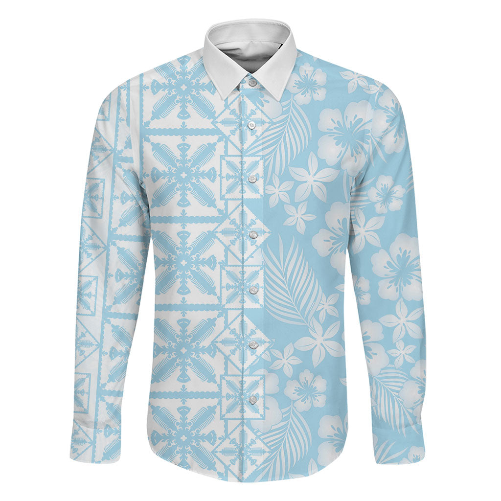 Pastel Blue Kahili Quilt Hawaii Family Matching Summer Maxi Dress and Hawaiian Shirt Tropical Flower Seamless Half Style LT14 Dad's Shirt - Long Sleeve Blue - Polynesian Pride