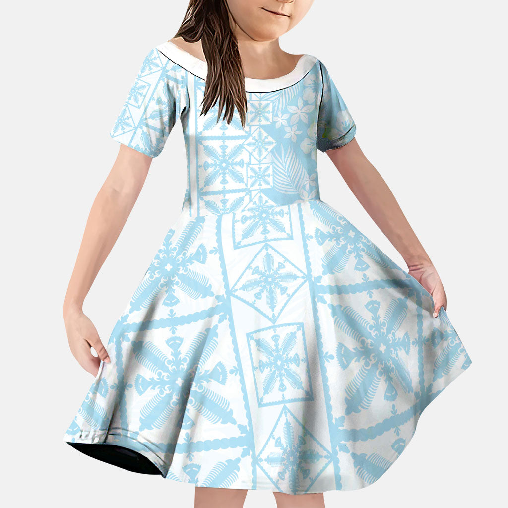 Pastel Blue Kahili Quilt Hawaii Family Matching Tank Maxi Dress and Hawaiian Shirt Tropical Flower Seamless Half Style LT14 Daughter's Dress Blue - Polynesian Pride