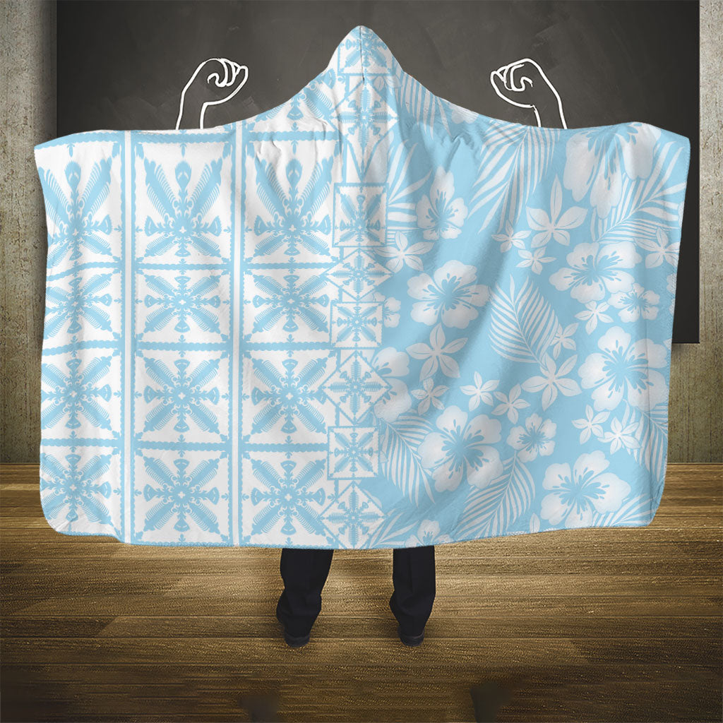 Pastel Blue Kahili Quilt Hawaii Hooded Blanket Tropical Flower Seamless Half Style