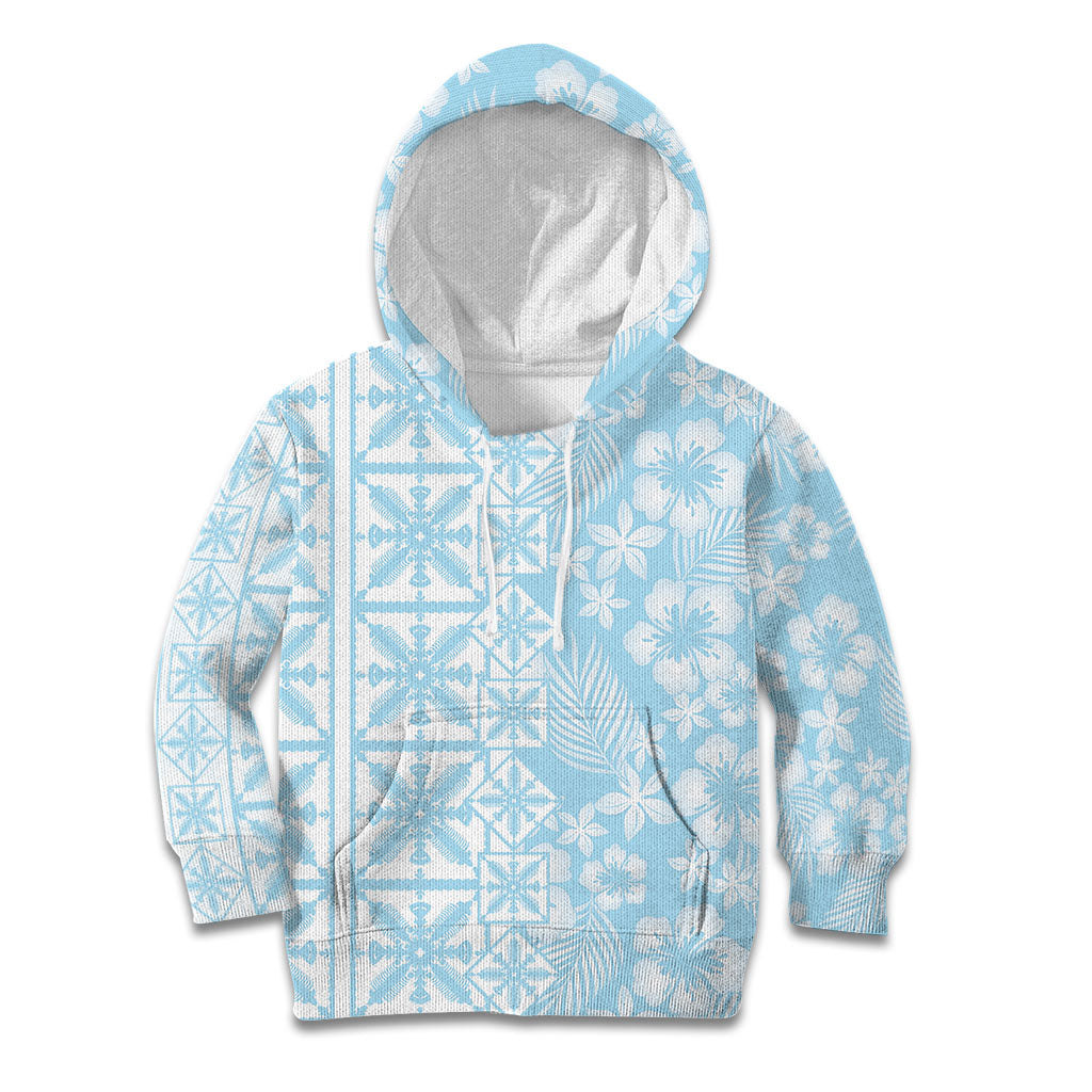 Pastel Blue Kahili Quilt Hawaii Kid Hoodie Tropical Flower Seamless Half Style LT14 Hoodie Blue - Polynesian Pride