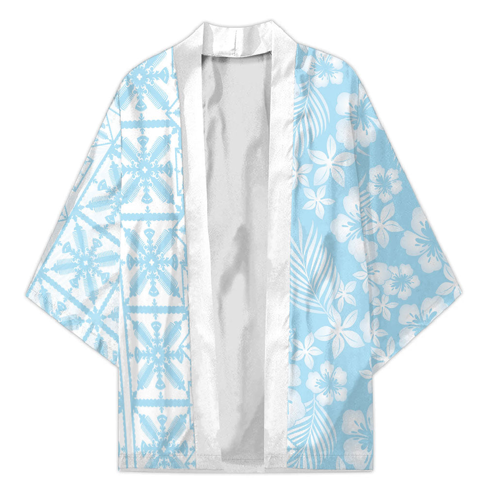 Pastel Blue Kahili Quilt Hawaii Kimono Tropical Flower Seamless Half Style LT14 Unisex Blue - Polynesian Pride