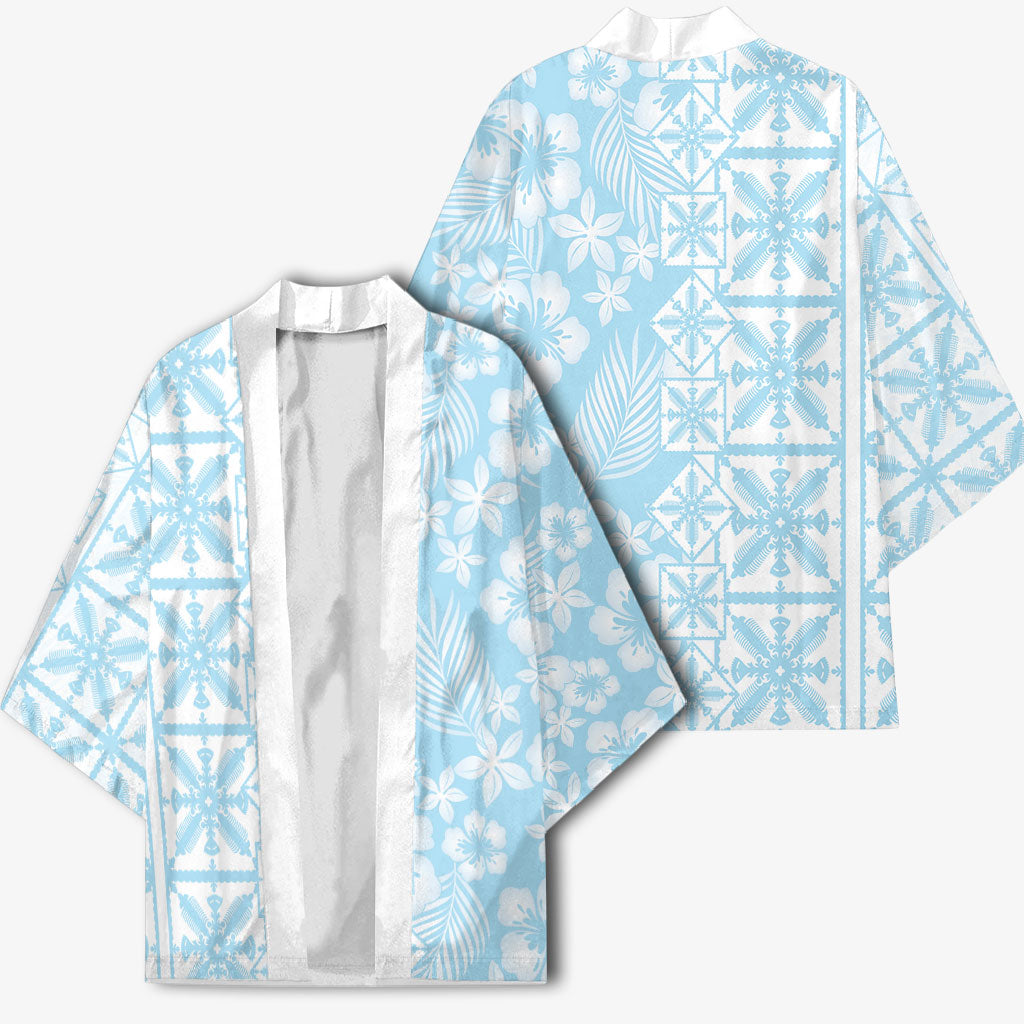 Pastel Blue Kahili Quilt Hawaii Kimono Tropical Flower Seamless Half Style
