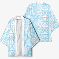 Pastel Blue Kahili Quilt Hawaii Kimono Tropical Flower Seamless Half Style