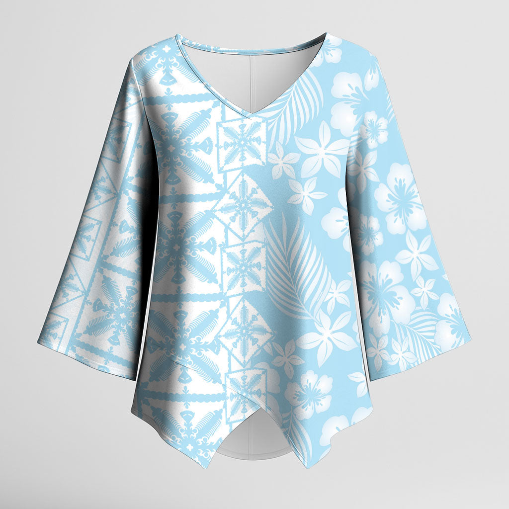 Pastel Blue Kahili Quilt Hawaii Kimono Sleeve Blouse Tropical Flower Seamless Half Style LT14 Female Blue - Polynesian Pride