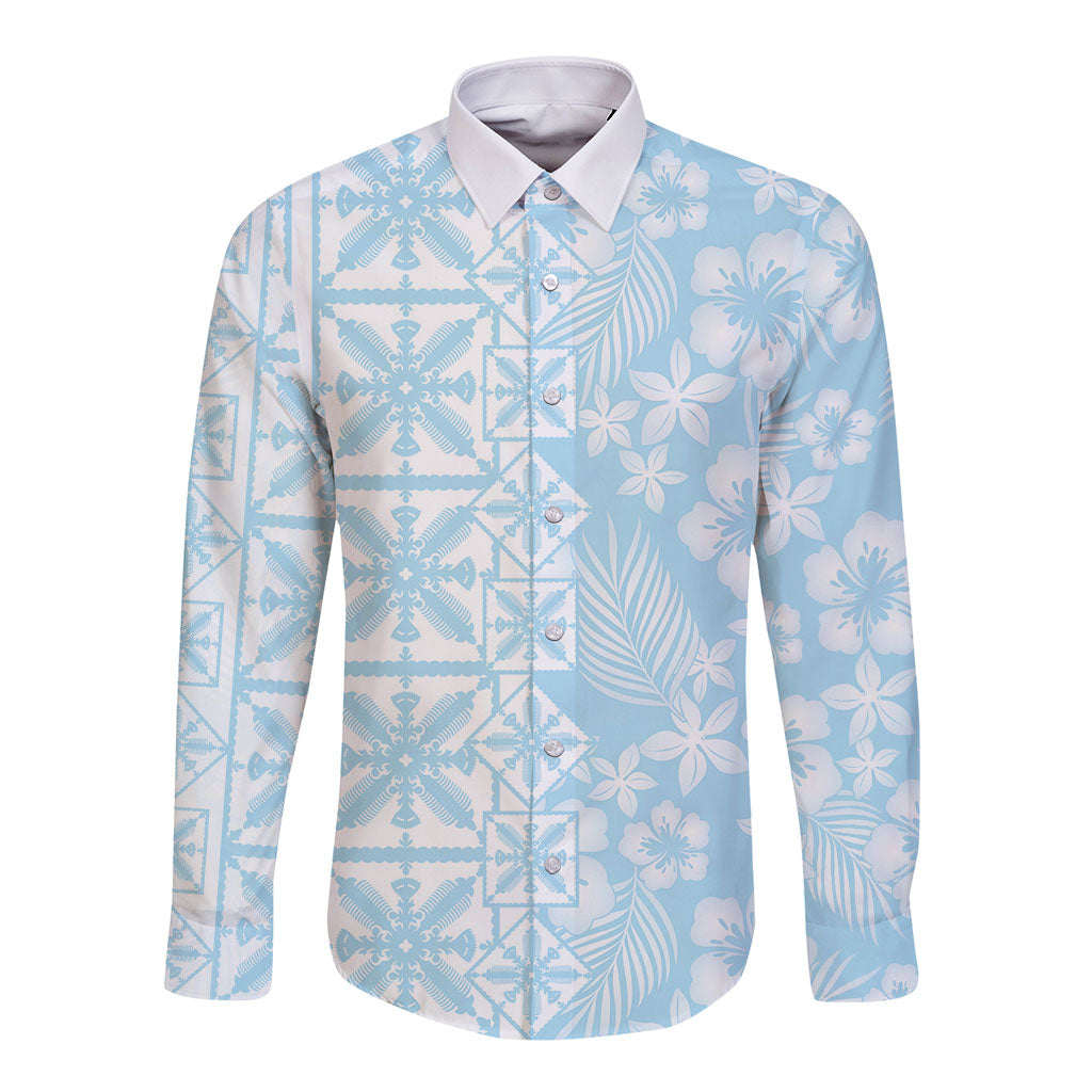 Pastel Blue Kahili Quilt Hawaii Long Sleeve Button Shirt Tropical Flower Seamless Half Style LT14 Unisex Blue - Polynesian Pride