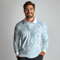 Pastel Blue Kahili Quilt Hawaii Long Sleeve Polo Shirt Tropical Flower Seamless Half Style