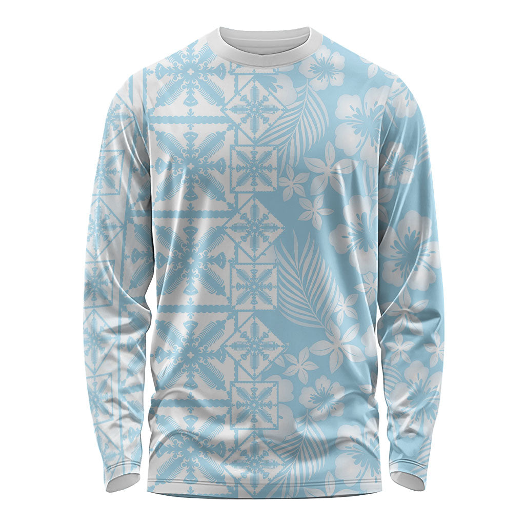 Pastel Blue Kahili Quilt Hawaii Long Sleeve Shirt Tropical Flower Seamless Half Style