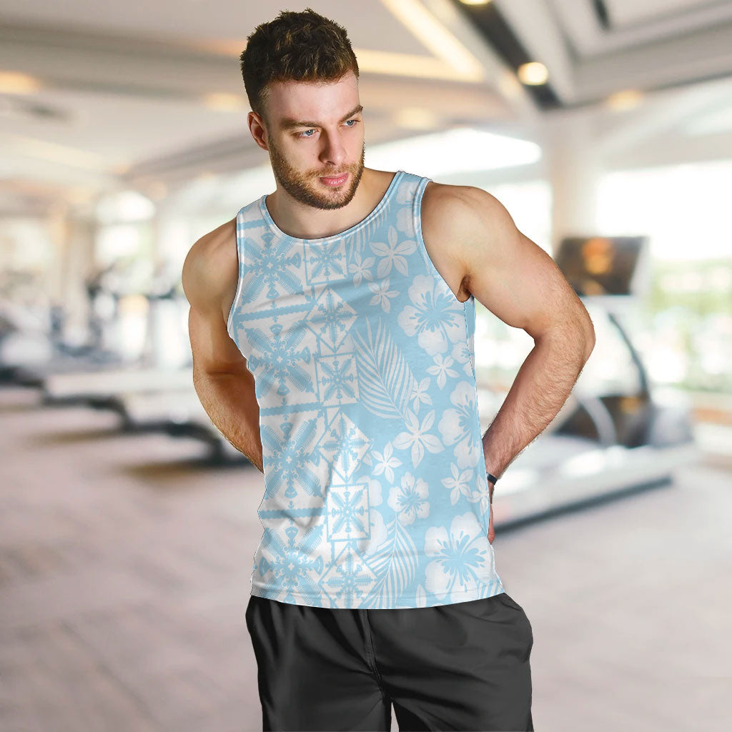 Pastel Blue Kahili Quilt Hawaii Men Tank Top Tropical Flower Seamless Half Style LT14 Blue - Polynesian Pride