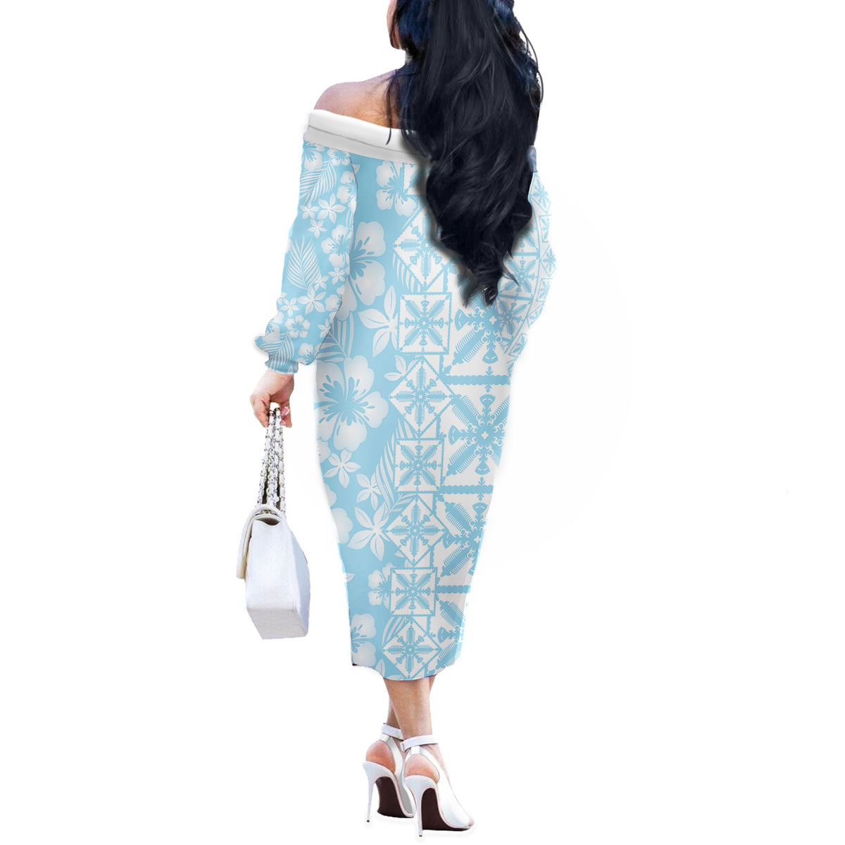 Pastel Blue Kahili Quilt Hawaii Off The Shoulder Long Sleeve Dress Tropical Flower Seamless Half Style