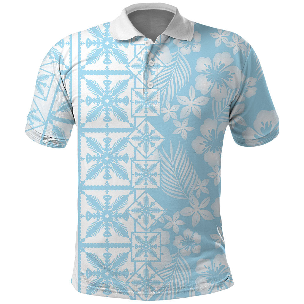 Pastel Blue Kahili Quilt Hawaii Polo Shirt Tropical Flower Seamless Half Style LT14 Blue - Polynesian Pride