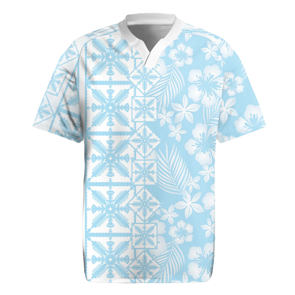 Pastel Blue Kahili Quilt Hawaii Rugby Jersey Tropical Flower Seamless Half Style