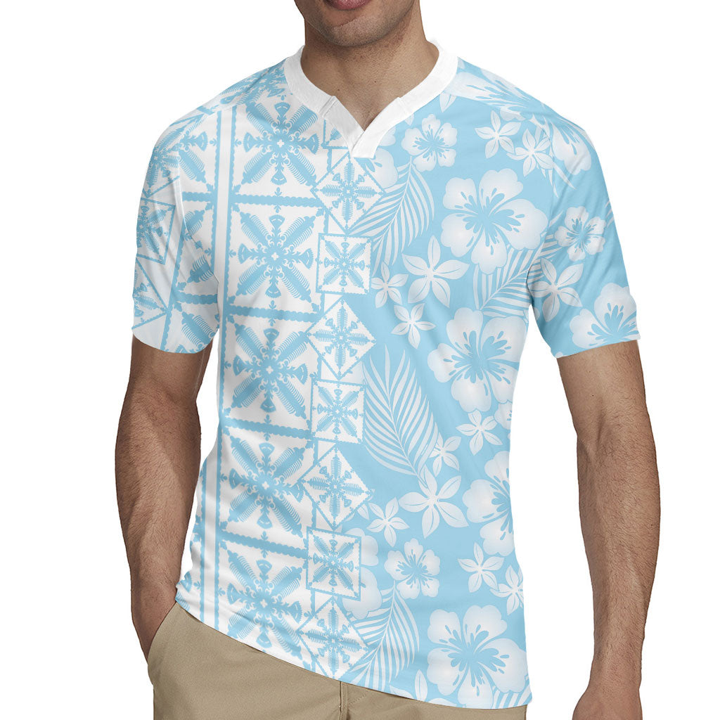 Pastel Blue Kahili Quilt Hawaii Rugby Jersey Tropical Flower Seamless Half Style