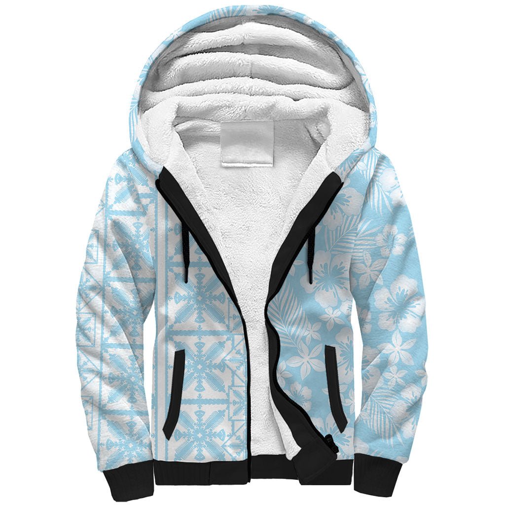 Pastel Blue Kahili Quilt Hawaii Sherpa Hoodie Tropical Flower Seamless Half Style LT14 Unisex Blue - Polynesian Pride