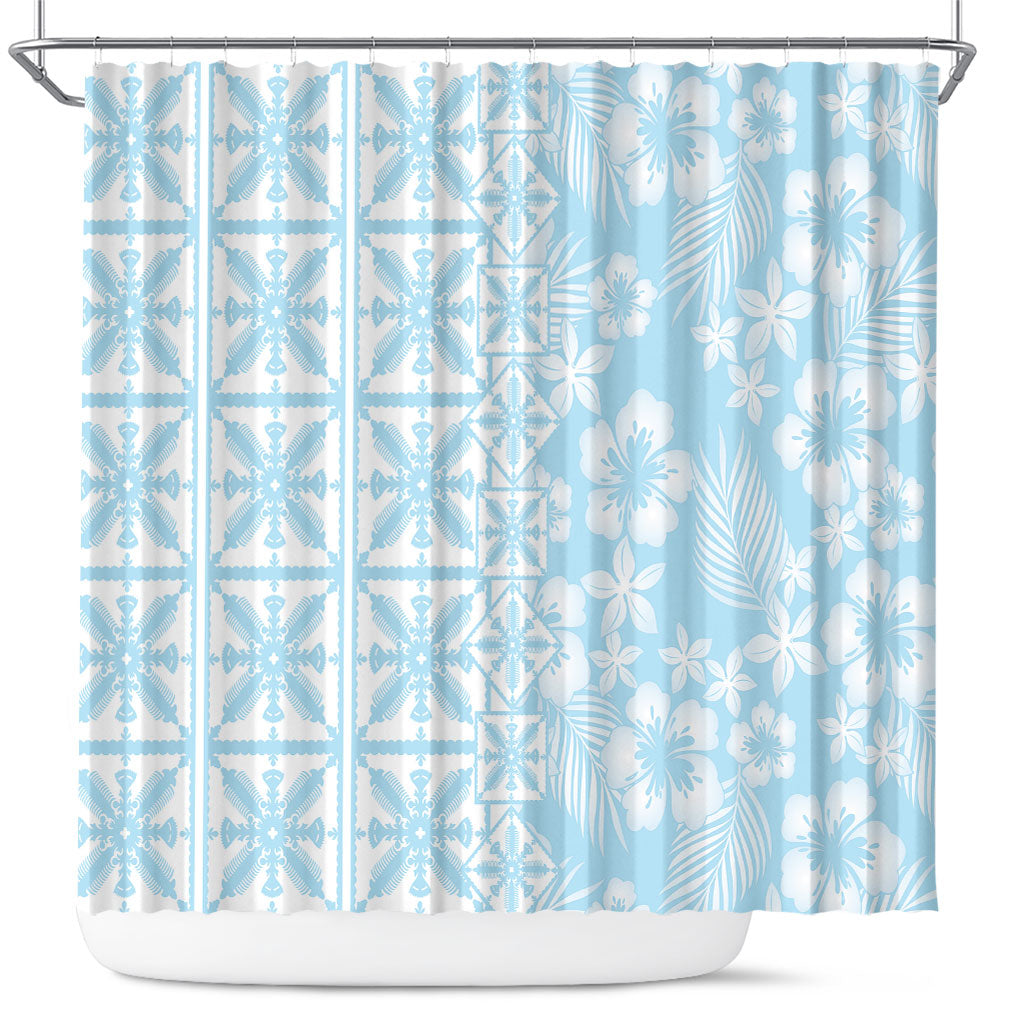 Pastel Blue Kahili Quilt Hawaii Shower Curtain Tropical Flower Seamless Half Style