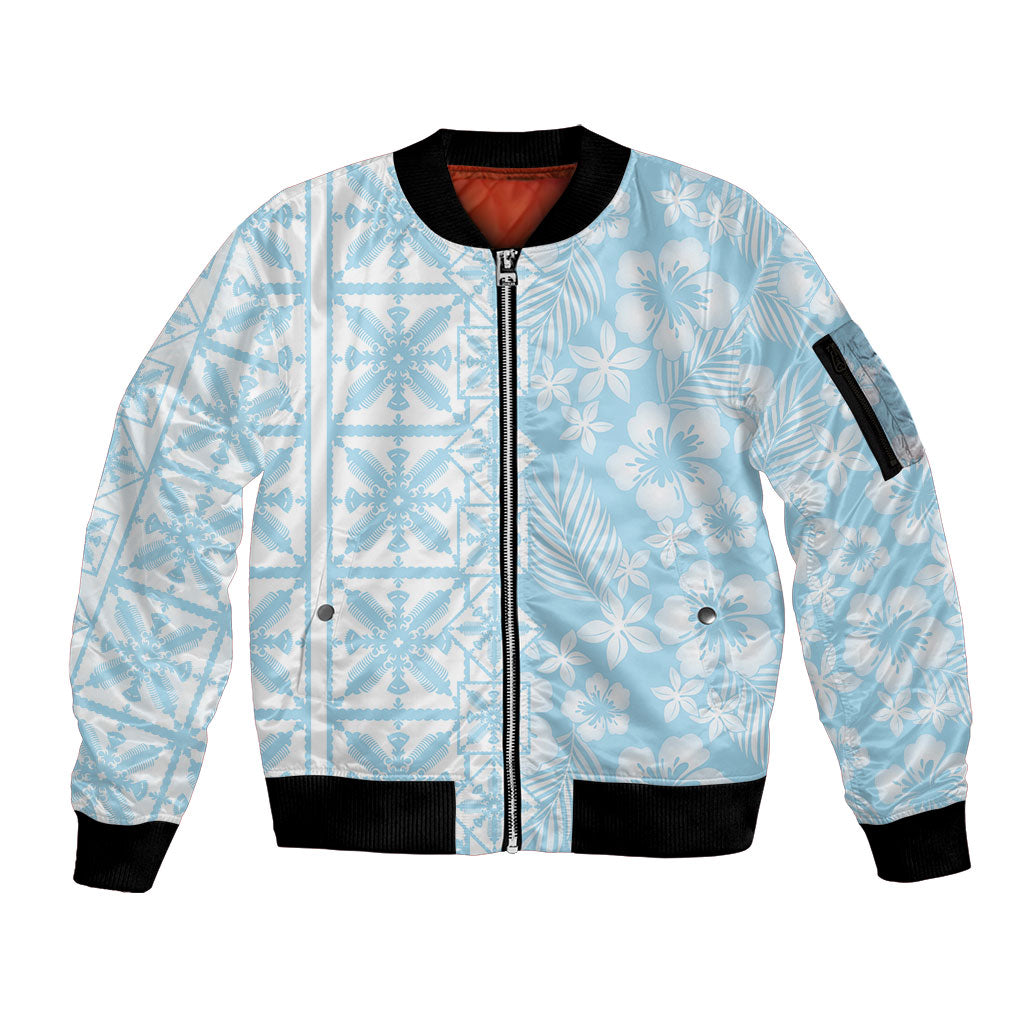 Pastel Blue Kahili Quilt Hawaii Sleeve Zip Bomber Jacket Tropical Flower Seamless Half Style LT14 Unisex Blue - Polynesian Pride