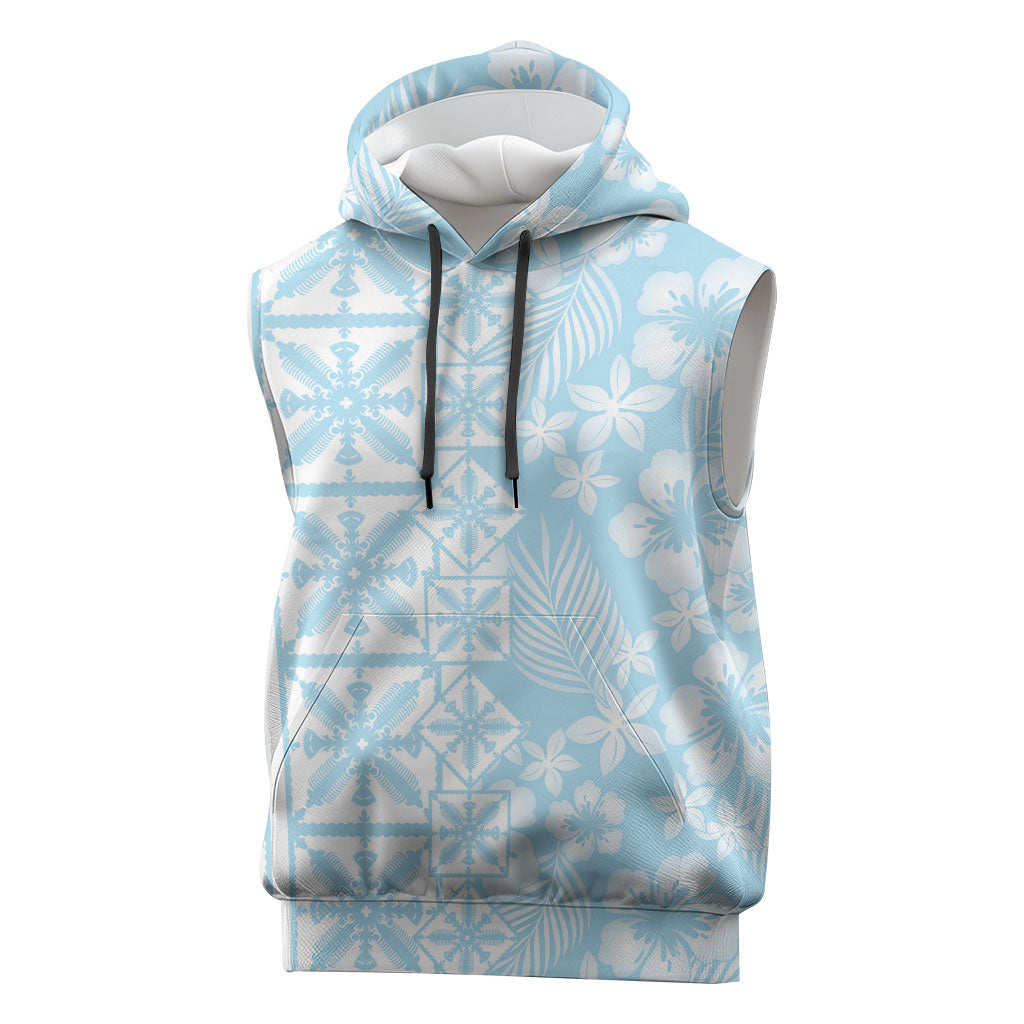 Pastel Blue Kahili Quilt Hawaii Sleeveless Hoodie Tropical Flower Seamless Half Style