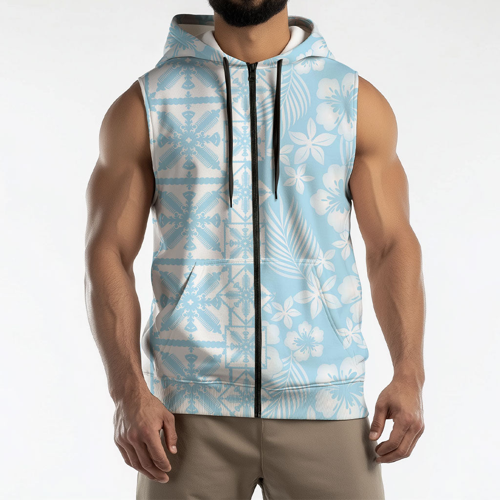 Pastel Blue Kahili Quilt Hawaii Sleeveless Zip Hoodie Tropical Flower Seamless Half Style
