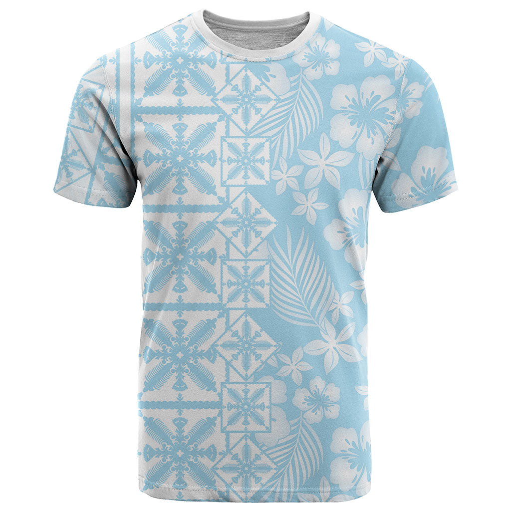 Pastel Blue Kahili Quilt Hawaii T Shirt Tropical Flower Seamless Half Style LT14 Blue - Polynesian Pride
