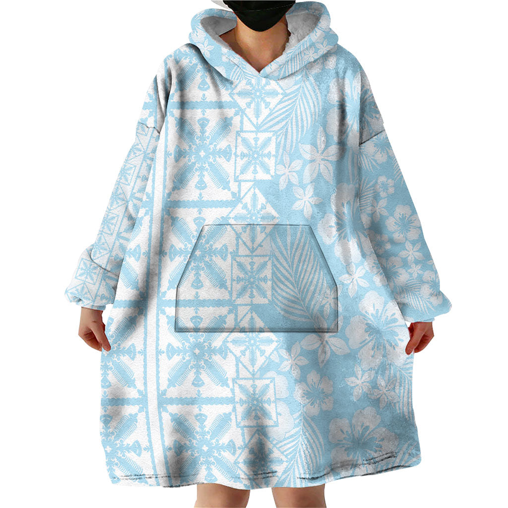 Pastel Blue Kahili Quilt Hawaii Wearable Blanket Hoodie Tropical Flower Seamless Half Style