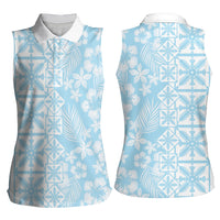Pastel Blue Kahili Quilt Hawaii Women Sleeveless Polo Shirt Tropical Flower Seamless Half Style