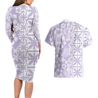 Pastel Purple Kahili Quilt Hawaii Couples Matching Long Sleeve Bodycon Dress and Hawaiian Shirt Tropical Flower Seamless Half Style LT14 - Polynesian Pride