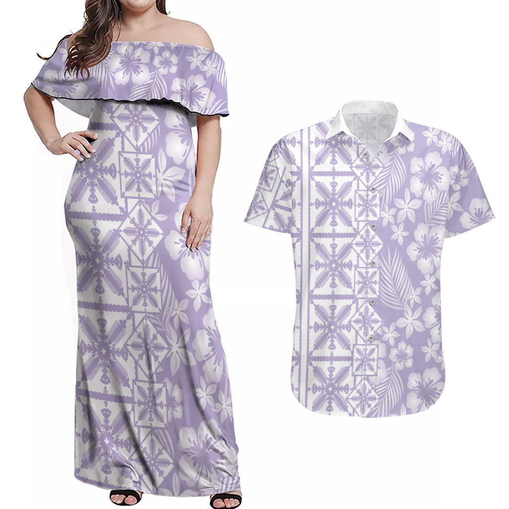 Pastel Purple Kahili Quilt Hawaii Couples Matching Off Shoulder Maxi Dress and Hawaiian Shirt Tropical Flower Seamless Half Style