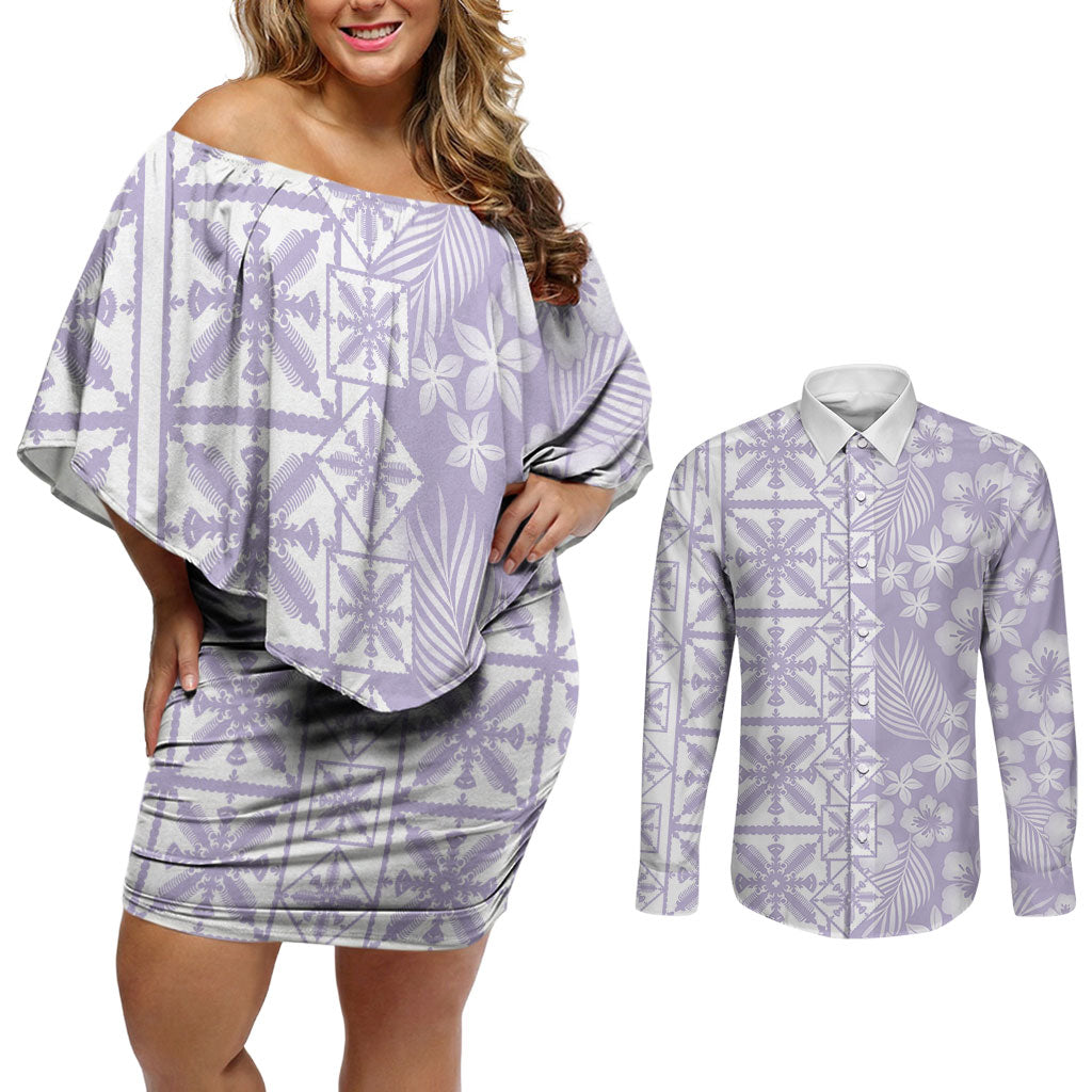 Pastel Purple Kahili Quilt Hawaii Couples Matching Off Shoulder Short Dress and Long Sleeve Button Shirt Tropical Flower Seamless Half Style LT14 Purple - Polynesian Pride