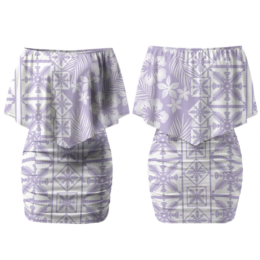 Pastel Purple Kahili Quilt Hawaii Couples Matching Off Shoulder Short Dress and Long Sleeve Button Shirt Tropical Flower Seamless Half Style LT14 - Polynesian Pride