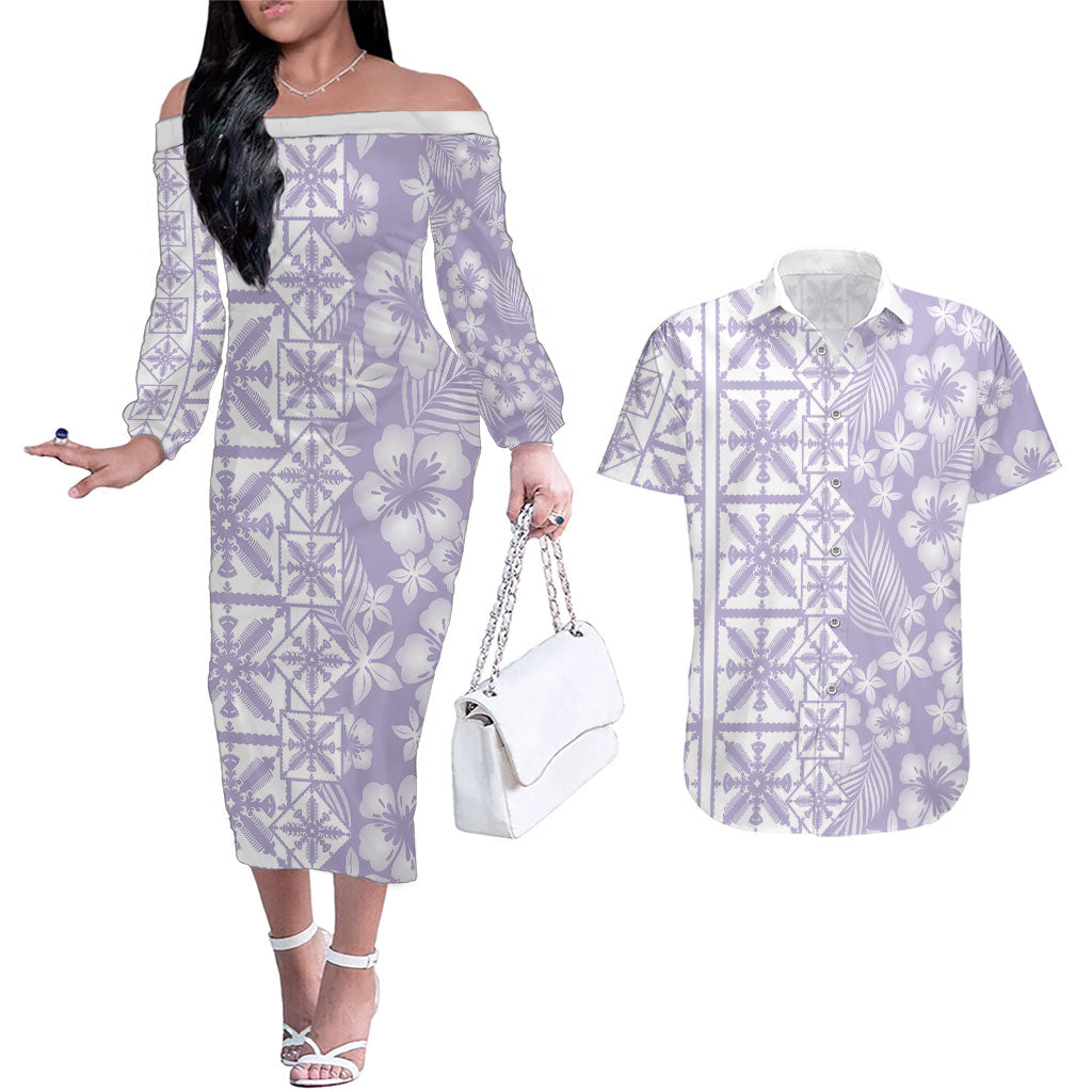 Pastel Purple Kahili Quilt Hawaii Couples Matching Off The Shoulder Long Sleeve Dress and Hawaiian Shirt Tropical Flower Seamless Half Style LT14 Purple - Polynesian Pride