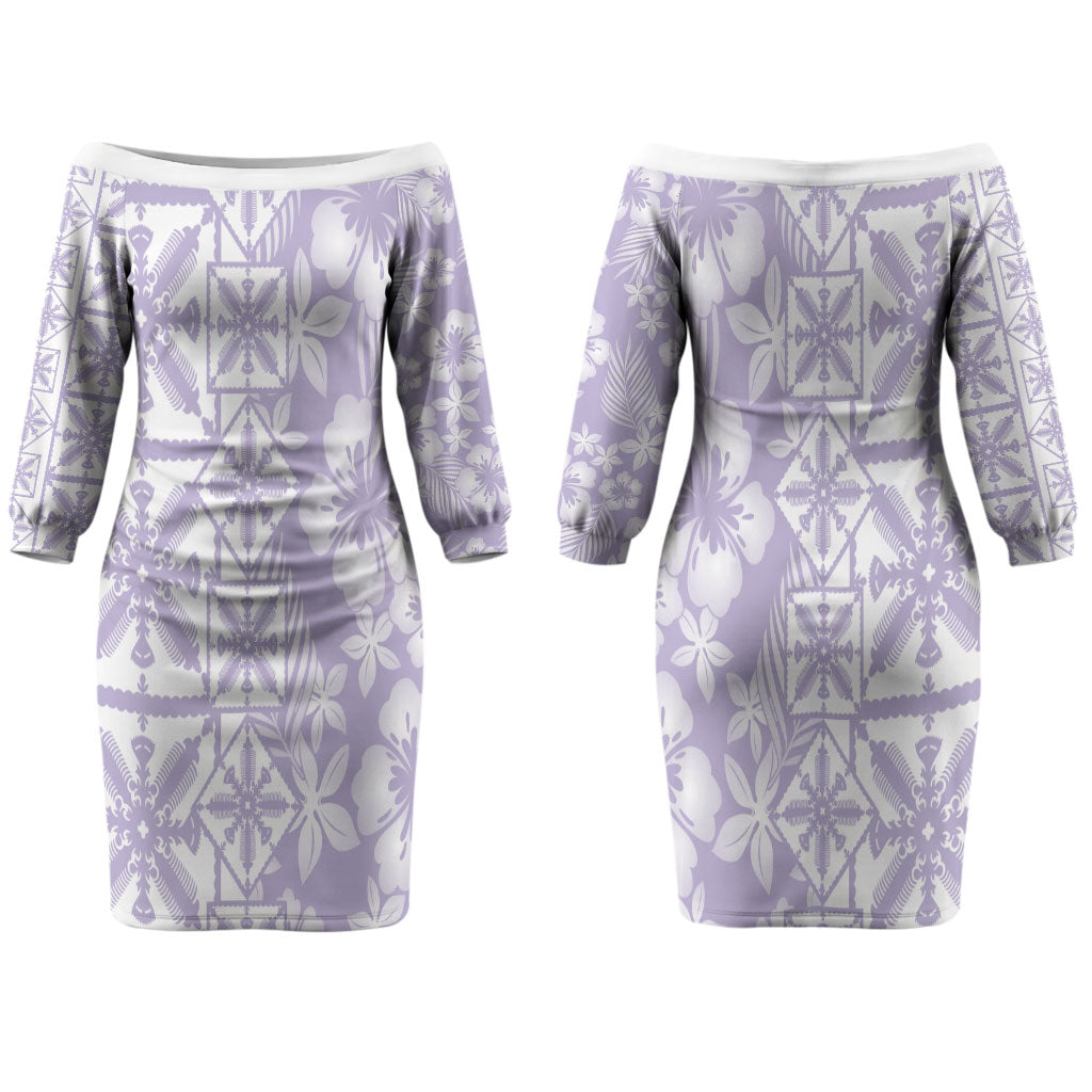 Pastel Purple Kahili Quilt Hawaii Couples Matching Off The Shoulder Long Sleeve Dress and Long Sleeve Button Shirt Tropical Flower Seamless Half Style LT14 - Polynesian Pride