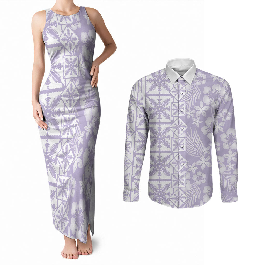 Pastel Purple Kahili Quilt Hawaii Couples Matching Tank Maxi Dress and Long Sleeve Button Shirt Tropical Flower Seamless Half Style LT14 Purple - Polynesian Pride