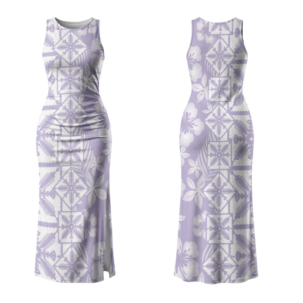 Pastel Purple Kahili Quilt Hawaii Couples Matching Tank Maxi Dress and Long Sleeve Button Shirt Tropical Flower Seamless Half Style LT14 - Polynesian Pride