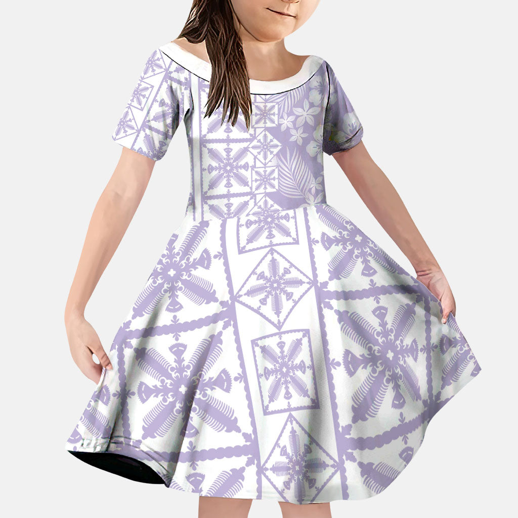 Pastel Purple Kahili Quilt Hawaii Family Matching Long Sleeve Bodycon Dress and Hawaiian Shirt Tropical Flower Seamless Half Style LT14 Daughter's Dress Purple - Polynesian Pride