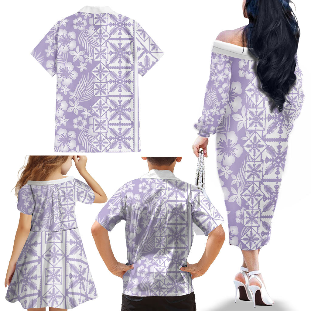 Pastel Purple Kahili Quilt Hawaii Family Matching Off The Shoulder Long Sleeve Dress and Hawaiian Shirt Tropical Flower Seamless Half Style LT14 - Polynesian Pride