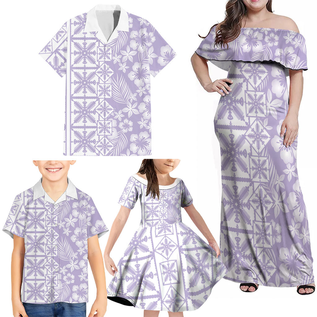 Pastel Purple Kahili Quilt Hawaii Family Matching Off Shoulder Maxi Dress and Hawaiian Shirt Tropical Flower Seamless Half Style LT14 - Polynesian Pride