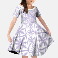 Pastel Purple Kahili Quilt Hawaii Family Matching Off Shoulder Short Dress and Hawaiian Shirt Tropical Flower Seamless Half Style LT14 Daughter's Dress Purple - Polynesian Pride