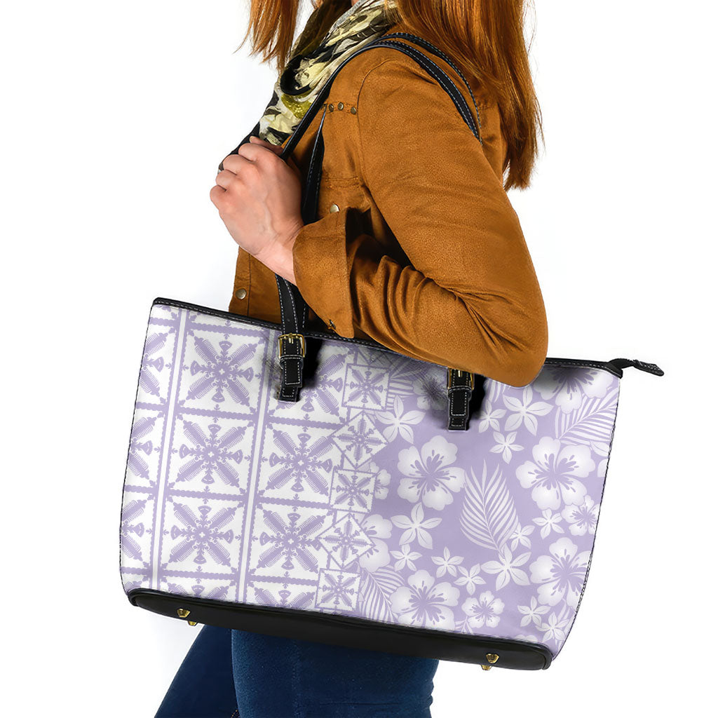 Pastel Purple Kahili Quilt Hawaii Leather Tote Bag Tropical Flower Seamless Half Style