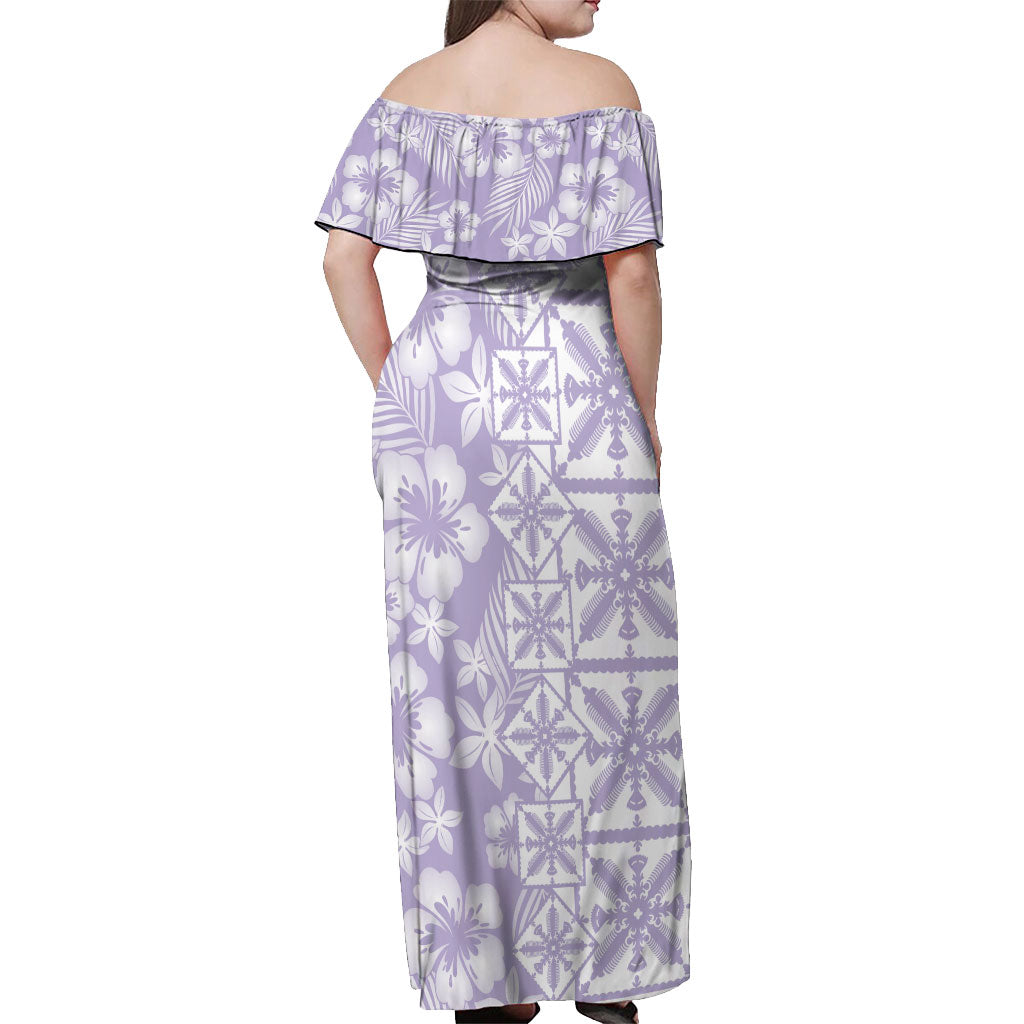 Pastel Purple Kahili Quilt Hawaii Off Shoulder Maxi Dress Tropical Flower Seamless Half Style LT14 - Polynesian Pride