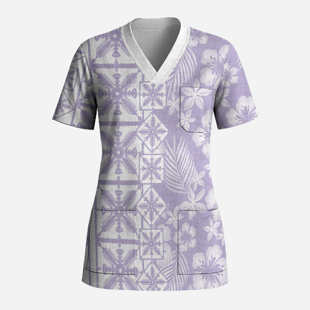 Pastel Purple Kahili Quilt Hawaii Scrub Top Tropical Flower Seamless Half Style