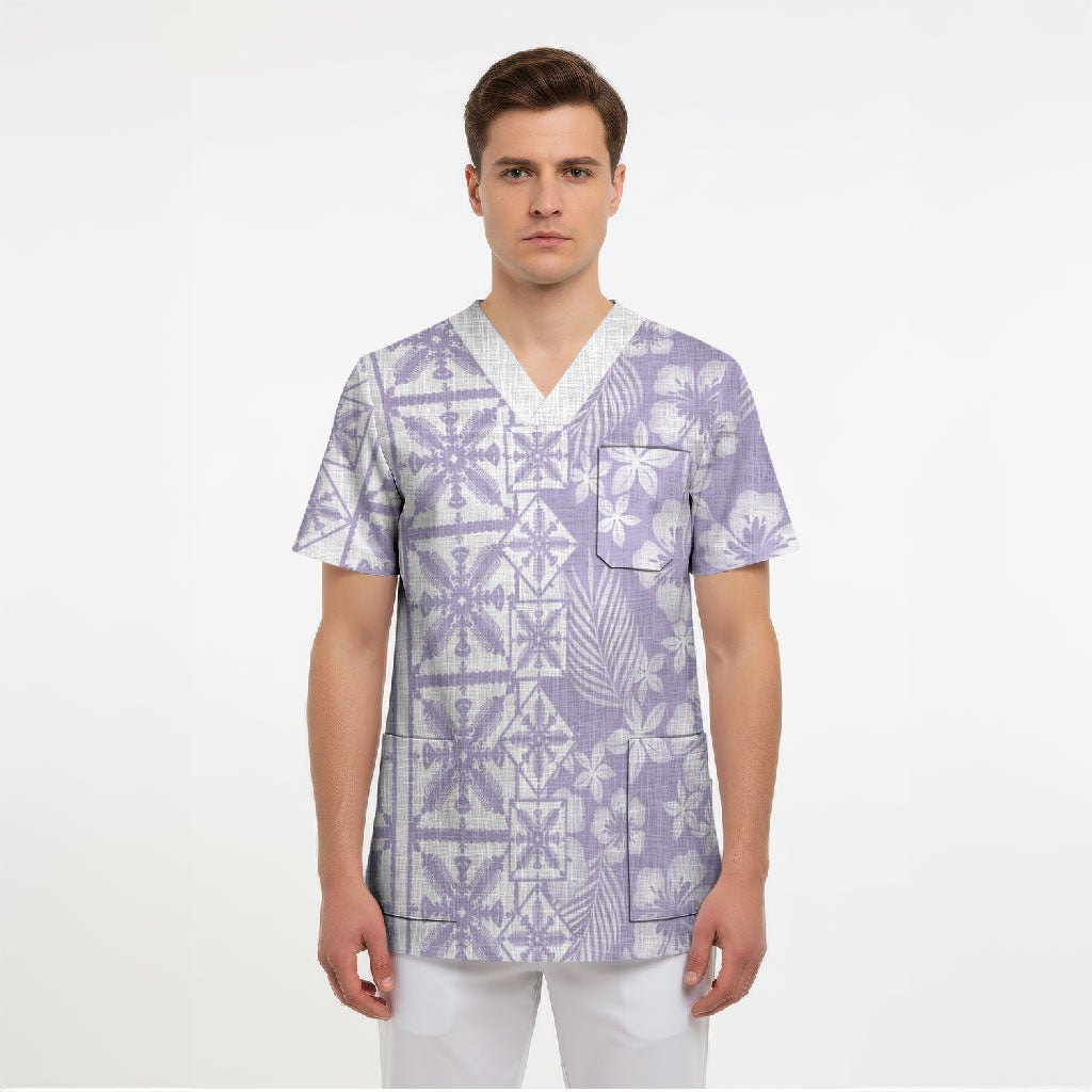Pastel Purple Kahili Quilt Hawaii Scrub Top Tropical Flower Seamless Half Style