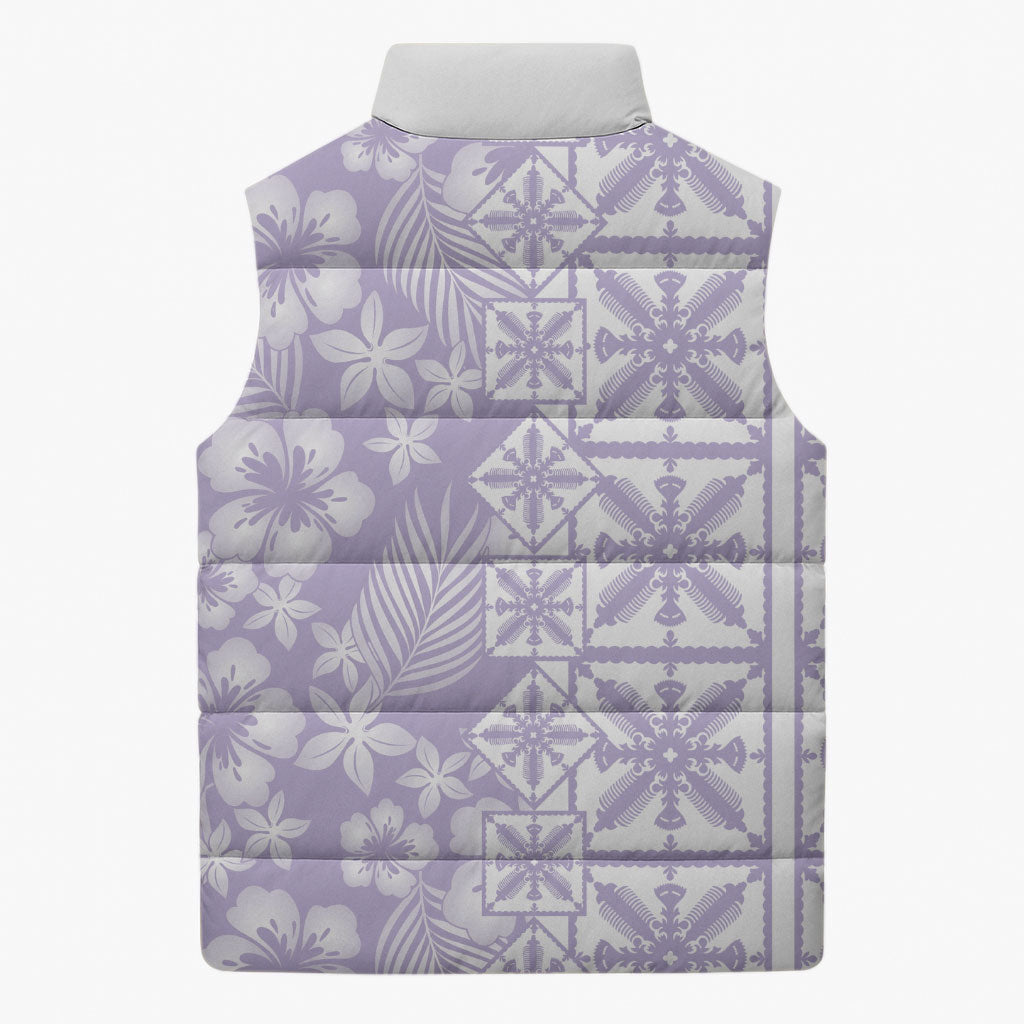 Pastel Purple Kahili Quilt Hawaii Sleeveless Puffer Jacket Tropical Flower Seamless Half Style