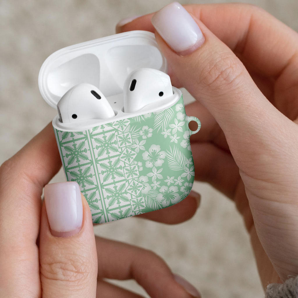 Pastel Green Kahili Quilt Hawaii AirPods Case Tropical Flower Seamless Half Style