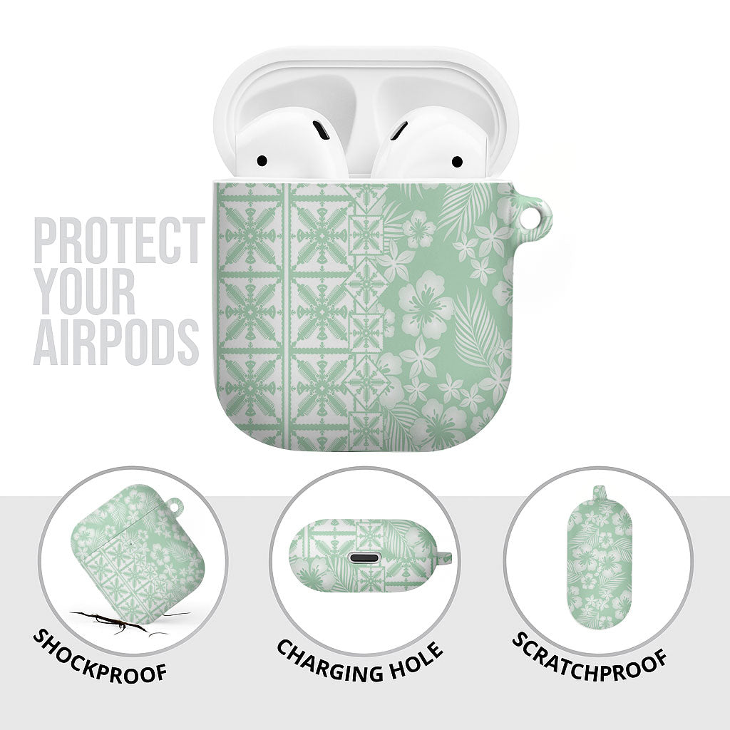 Pastel Green Kahili Quilt Hawaii AirPods Case Tropical Flower Seamless Half Style