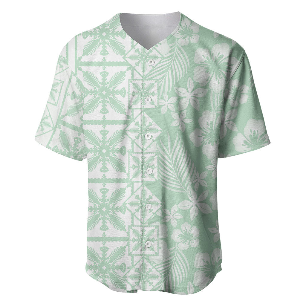 Pastel Green Kahili Quilt Hawaii Baseball Jersey Tropical Flower Seamless Half Style